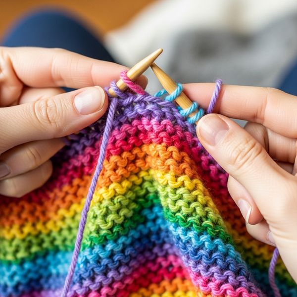 Close-up of hands knitting a small, colorful project