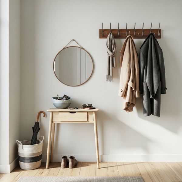 Organized apartment entryway with coat rack and key bowl