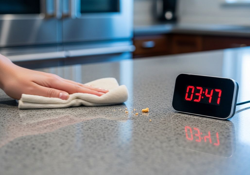 A hand quickly wipes a granite kitchen counter next to a digital timer showing a few remaining minutes. A hand quickly wipes a granite kitchen counter next to a digital timer showing a few remaining minutes.