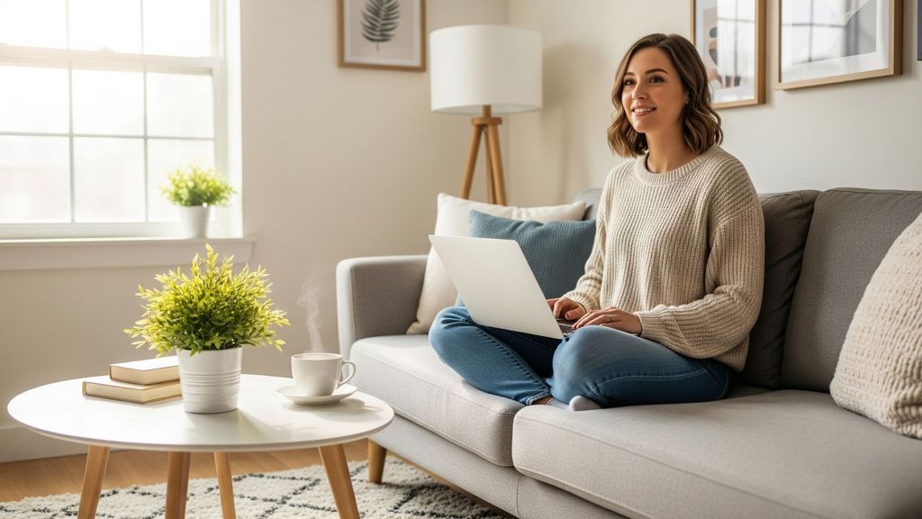 woman sitting on her couch with a laptop woman sitting on her couch with a laptop