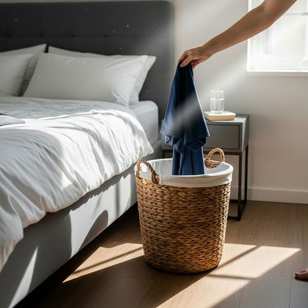 hand drops an item of clothing into a hamper next to a neatly made bed in a sunlit bedroom.