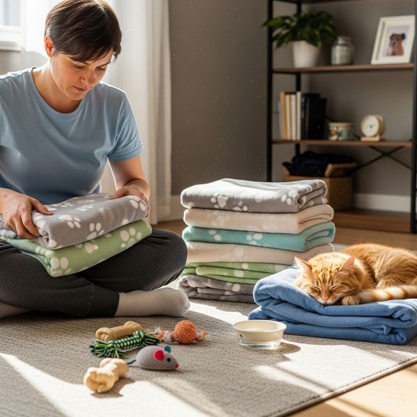 person folding clean pet blankets 