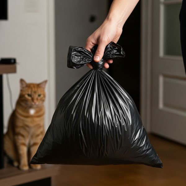 a hand holding a tied bag of garbage