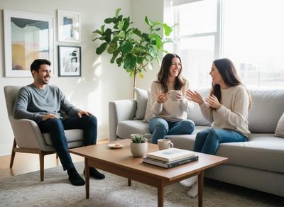 friends talking in an apartment living room