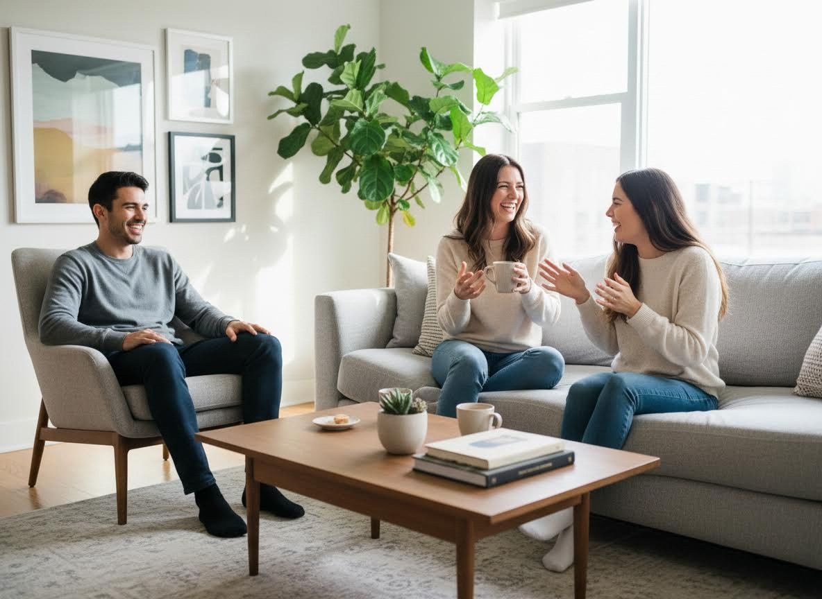 friends talking in an apartment living room
