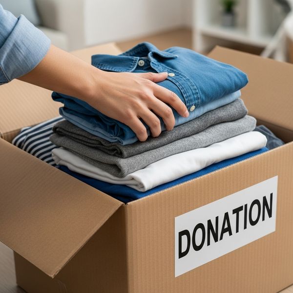 a hand putting clothes into a box labeled donation