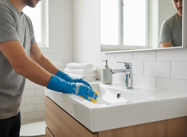 person cleaning a bathroom sink