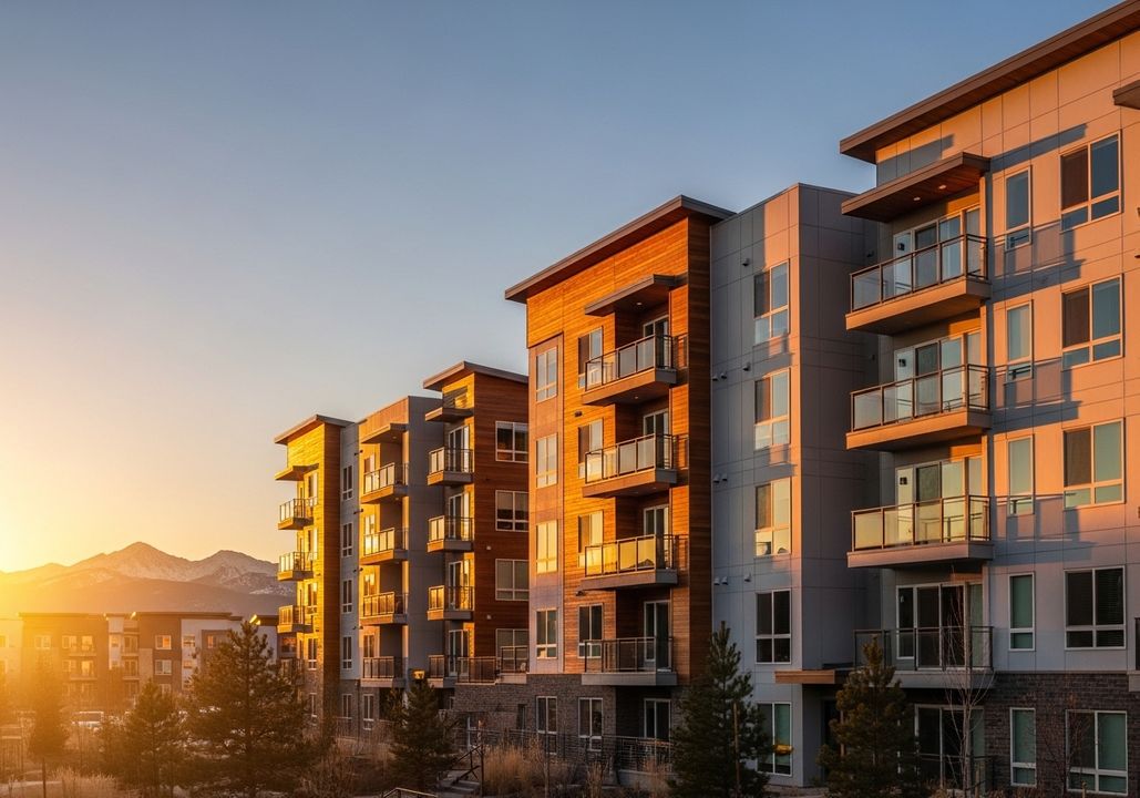 Modern luxury apartment building exterior in Greeley with Rocky Mountain views at sunset
