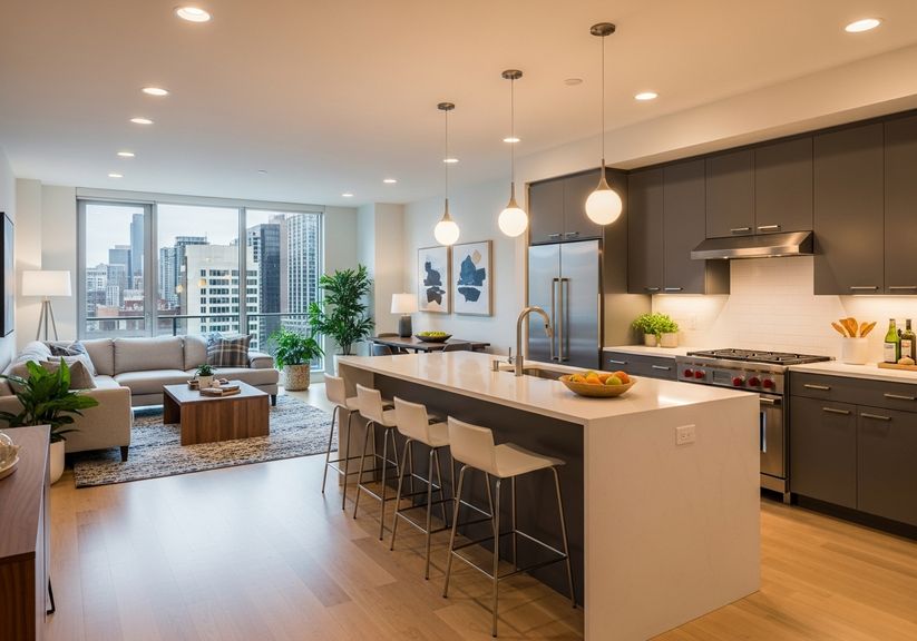 open-concept kitchen and living room in an apartment open-concept kitchen and living room in an apartment
