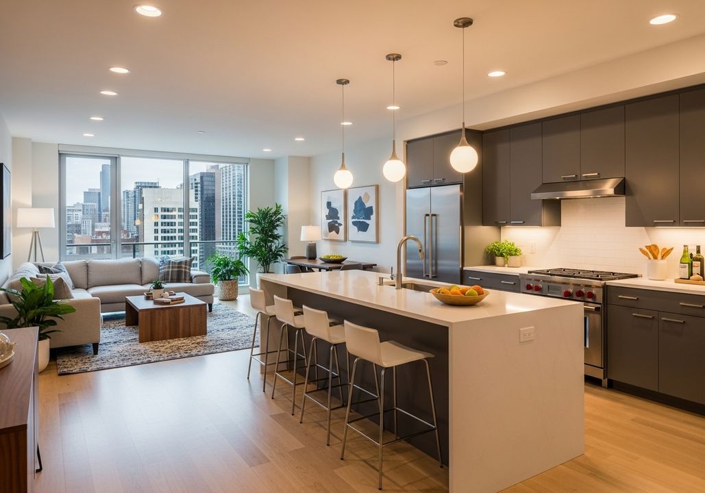 open-concept kitchen and living room in an apartment
