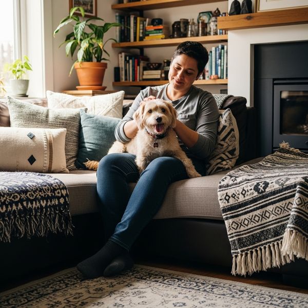 person with their small dog sitting on a couch