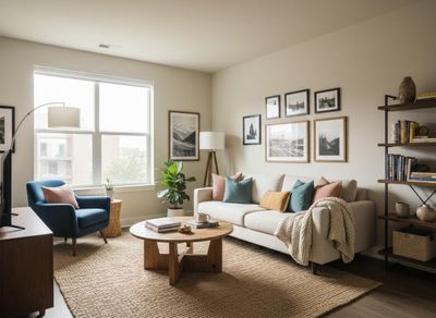 A modern living room with a light sofa, colorful throw pillows, wooden coffee table, jute rug, blue armchair, and framed art. Bright and Inviting Living Room with Modern Decor