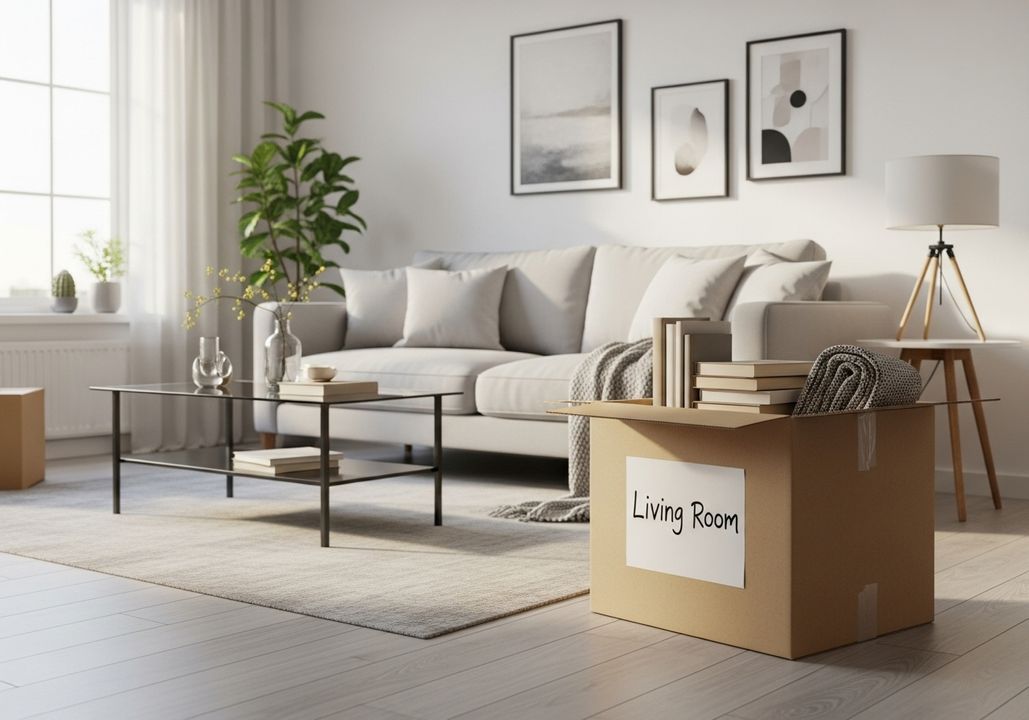 Tidy, modern apartment living room with one organized moving box, symbolizing successful completion of downsizing Tidy, modern apartment living room with one organized moving box, symbolizing successful completion of downsizing
