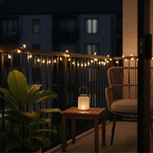 decorative string lights creating a cozy atmosphere on an apartment balcony decorative string lights creating a cozy atmosphere on an apartment balcony