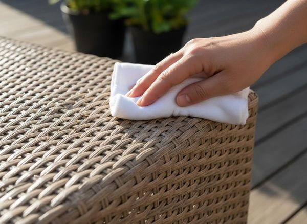 close up of a hand wiping off wicker furniture