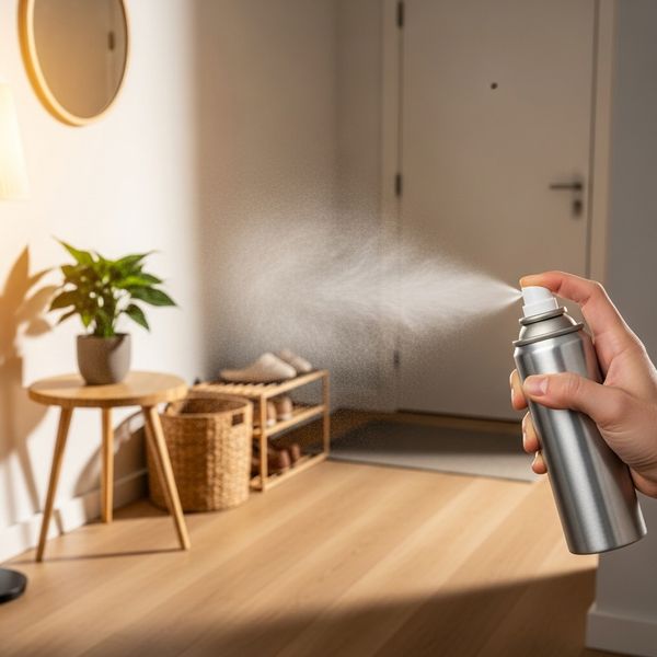 A hand sprays air freshener in a clean apartment entryway