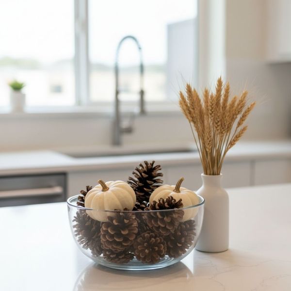 Glass bowl filled with clean pinecones and small white pumpkins Glass bowl filled with clean pinecones and small white pumpkins