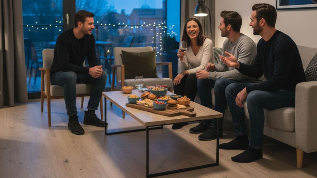 Cozy apartment living room at night with friends socializing