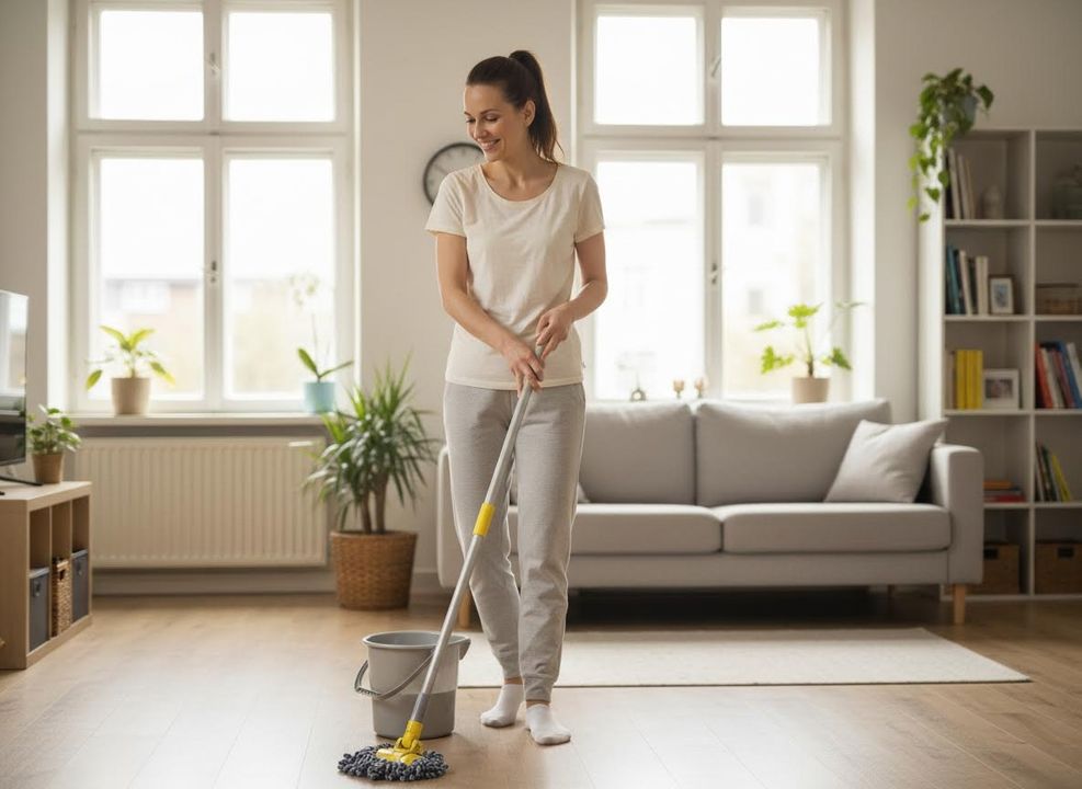 woman using a mop in an apartment