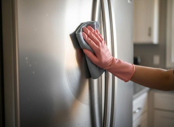 close-up of a hand shining a stainless steel refigerator