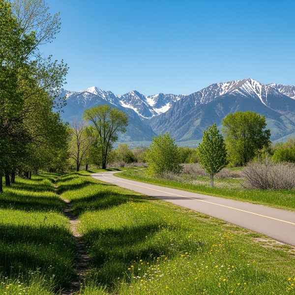 Scenic recreation trail in Greeley, Colorado with mountains in the background