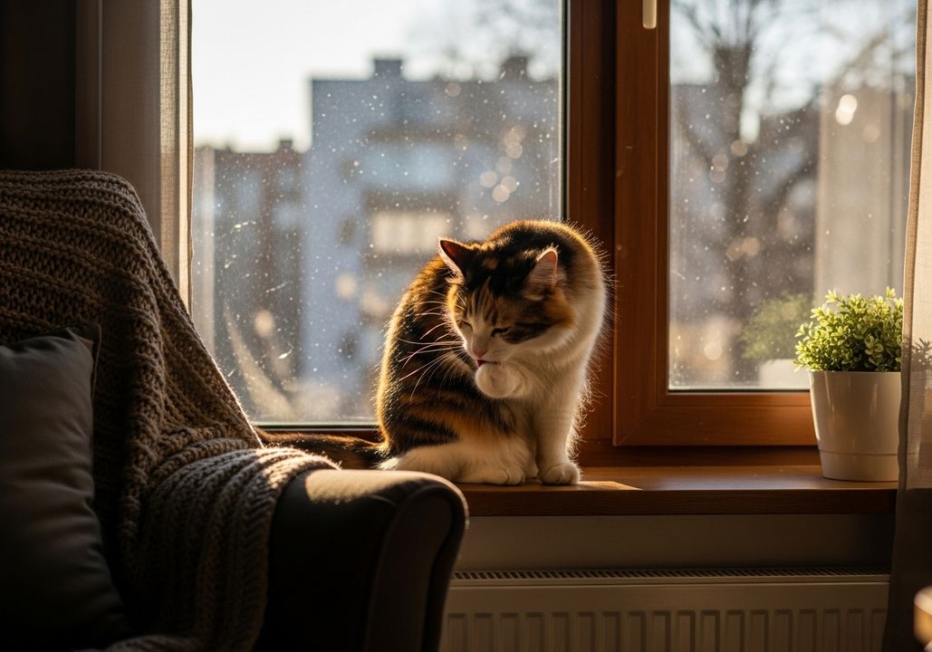 a cat grooming itself in an apartment a cat grooming itself in an apartment
