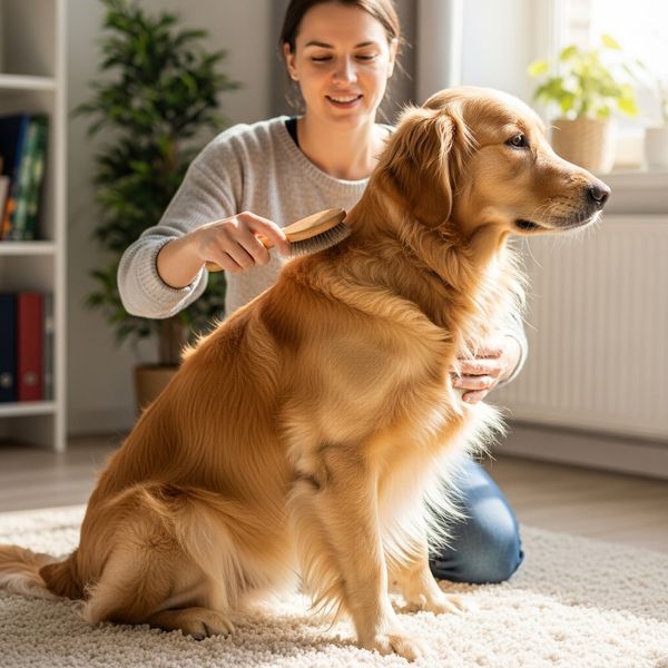 a person grooming a pet in a sunlit modern apartment