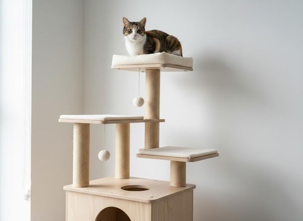 cat tree against a plain white wall with a cat sitting on it