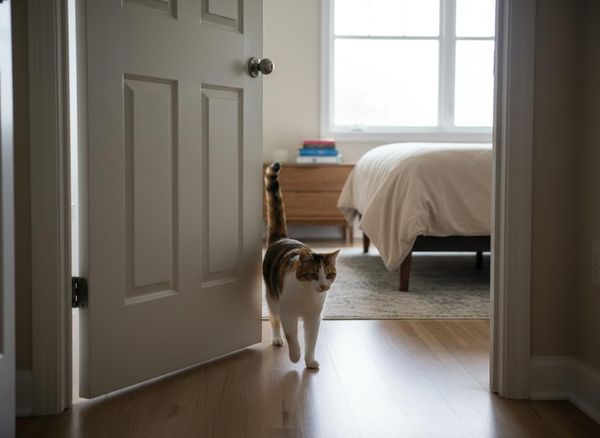 a cat walking through an open bedroom door