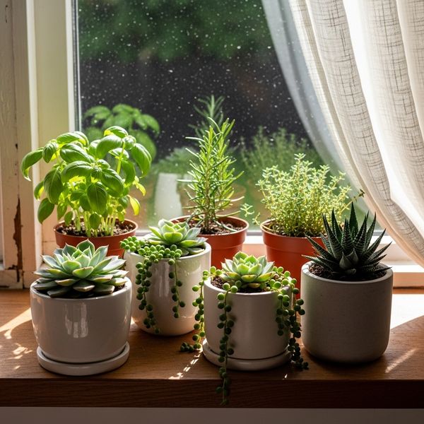 Small potted herbs and succulents arranged neatly on a sunny windowsill, representing apartment micro gardening
