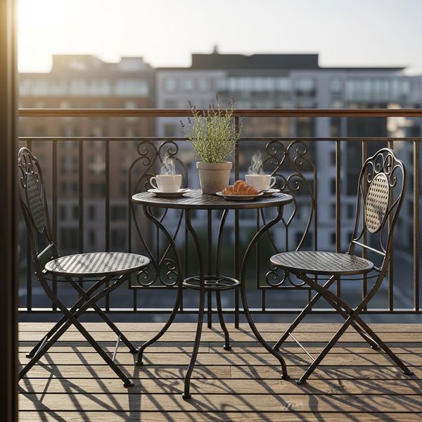 apartment balcony with a bistro set and a cup of coffee