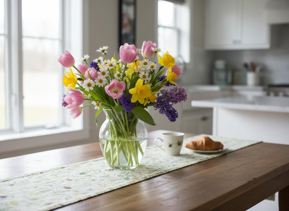 fresh flowers in a vase on a kitchen table