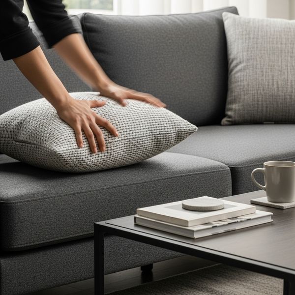 Hands quickly fluffing a decorative throw pillow on a modern gray sofa next to a neatly organized coffee table.