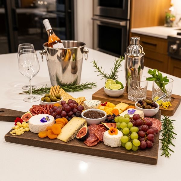 a kitchen island prepared for entertaining guests