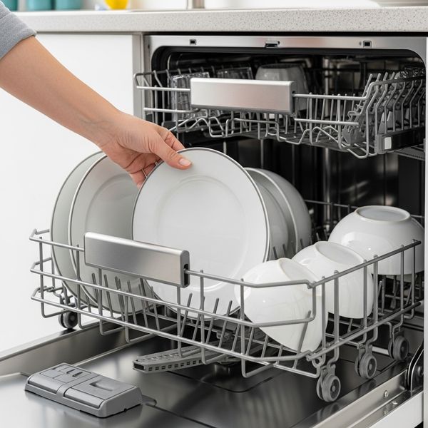 Close-up of a hand loading a stainless steel dishwasher in a kitchen