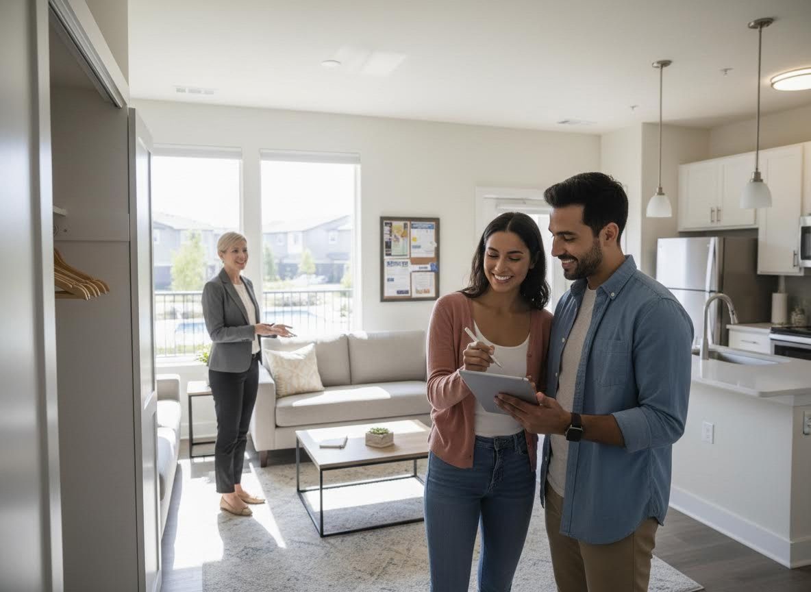 Real estate agent showing a young couple a modern apartment