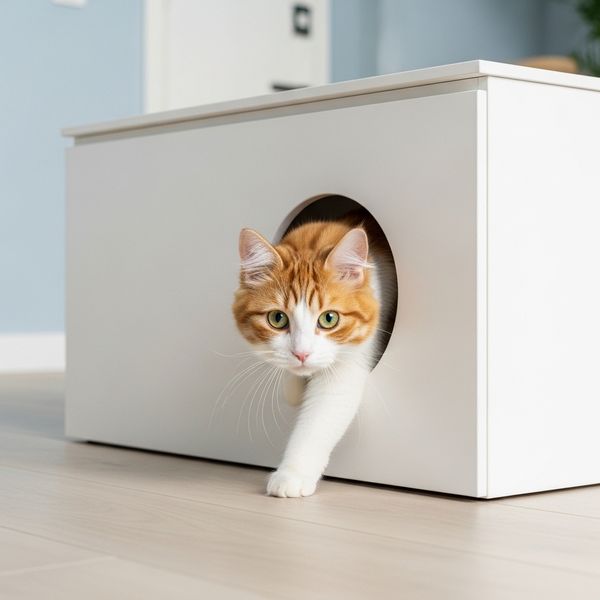 A small cat steps out of the side entrance of a modern, white furniture-style litter box enclosure.
