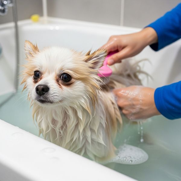small dog getting a bath