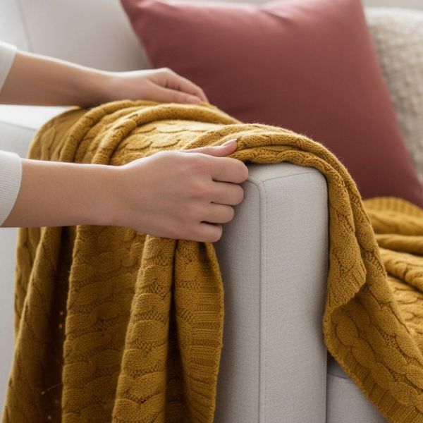 Close-up of a person draping a textured, deep gold knit throw blanket over a sofa