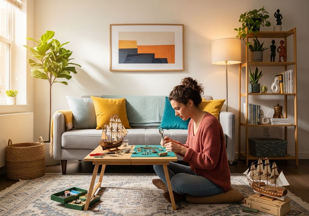 Cozy, brightly lit apartment living room with a resident engaged in a quiet, space-saving hobby Cozy, brightly lit apartment living room with a resident engaged in a quiet, space-saving hobby
