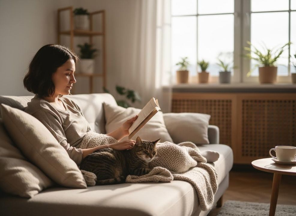 cat sitting with its owner on a couch