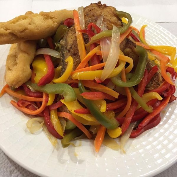 plate of sauteed peppers and onions