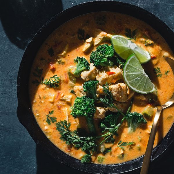 Bowl of Jamaican curry with coconut milk.
