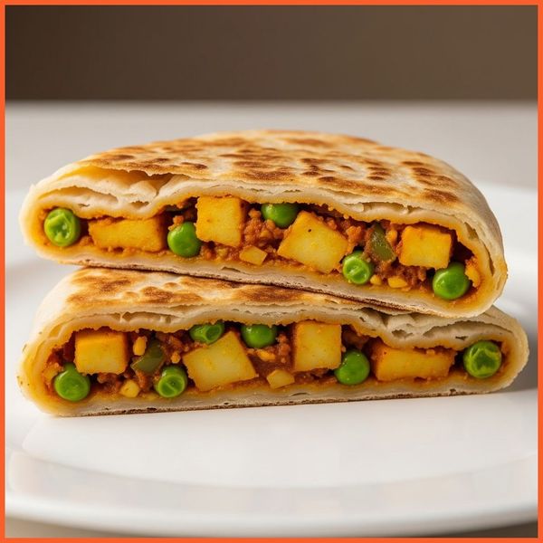 perfectly folded roti cut in half to show the savory filling inside perfectly folded roti cut in half to show the savory filling inside