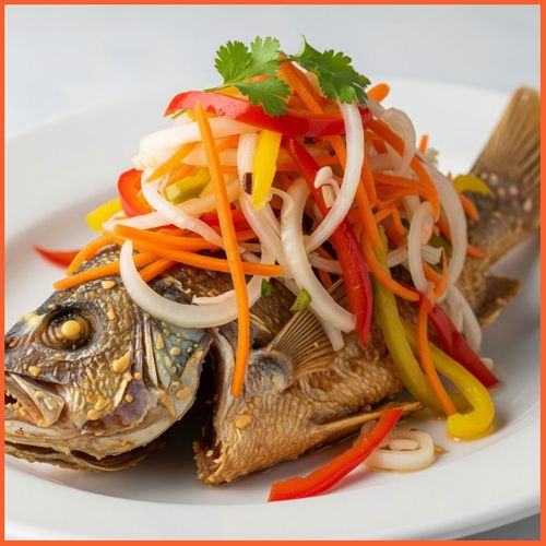 Whole fried escovitch fish garnished with colorful pickled peppers and onions Whole fried escovitch fish garnished with colorful pickled peppers and onions