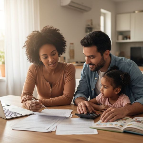 A family with a young preschool-aged child sits at a table, reviewing financial documents and using a calculator.