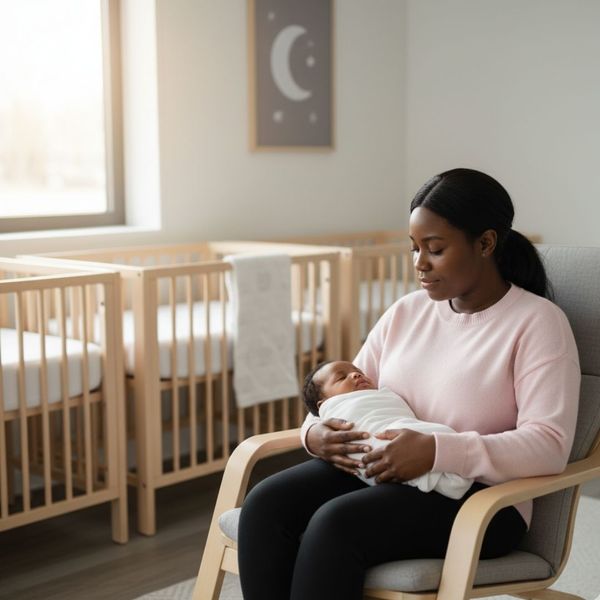 A calm caregiver gently holds a sleeping infant wrapped in a blanket while sitting in a rocker, with baby cribs visible in the background.