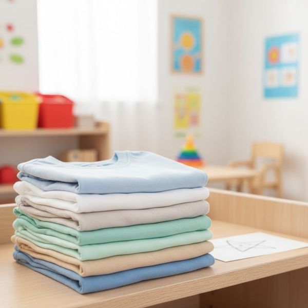 Stack of small, neatly folded children's clothing items.