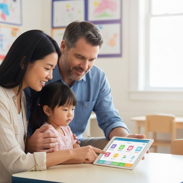 couple looking at a tablet with their daughter