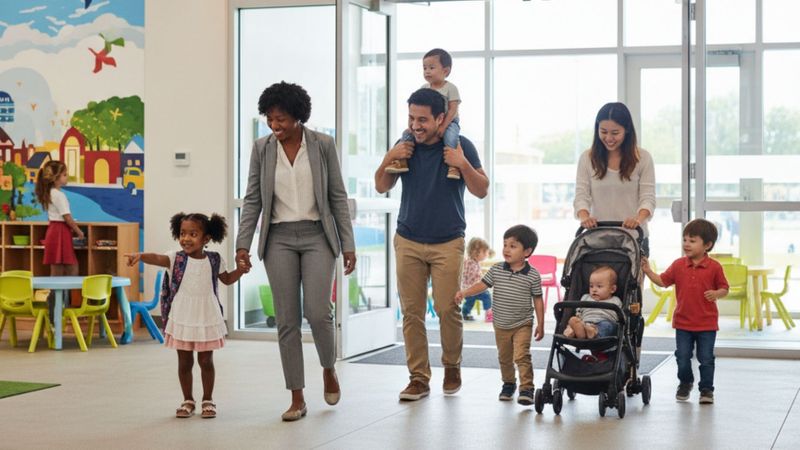 A diverse group of parents and children enter a bright, modern childcare facility, greeted by a staff member.